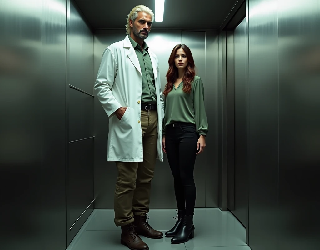 A very tall (216 cm) Arab man with platinum blond wavy swept-back hair, dark skin, and long black stubble. He wears a white lab coat, black t-shirt, cargo pants, and boots. He's standing inside an elevator next to a short (170 cm) young Caucasian woman with maroon side-parted long wavy hair, wearing a soft green silk blouse, low-rise black pants, and black boots. Both look forward with a wary expression. Cinematic lighting.
