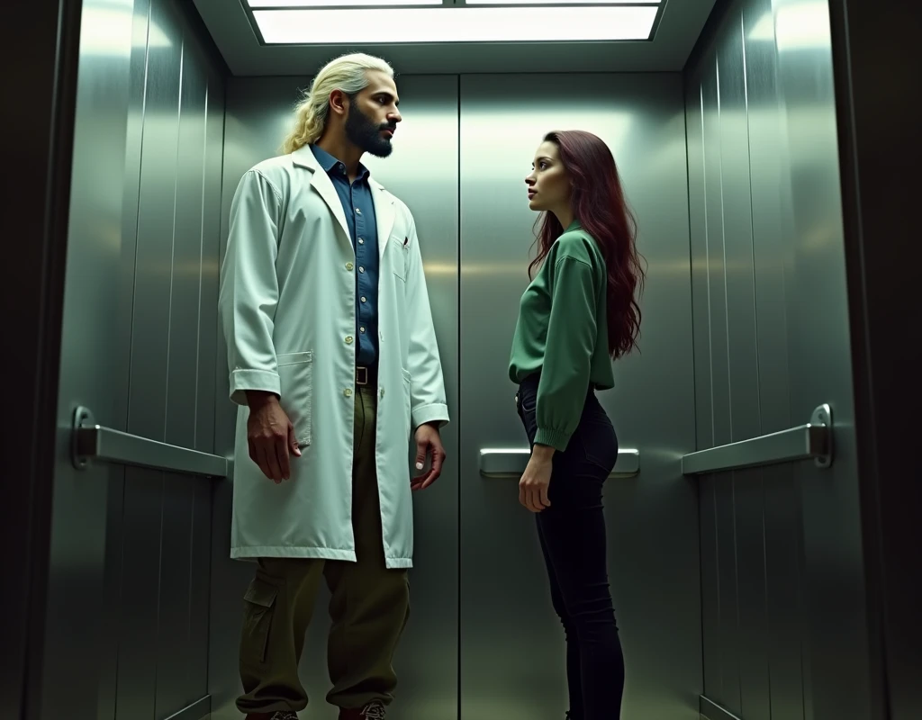 A very tall (216 cm) Arab man with platinum blond wavy swept-back hair, dark skin, and long black stubble. He wears a white lab coat, black t-shirt, cargo pants, and boots. He's standing inside an elevator next to a short (170 cm) young Caucasian woman with maroon side-parted long wavy hair, wearing a soft green silk blouse, low-rise black pants, and black boots. Both look forward with a wary expression. Cinematic lighting.