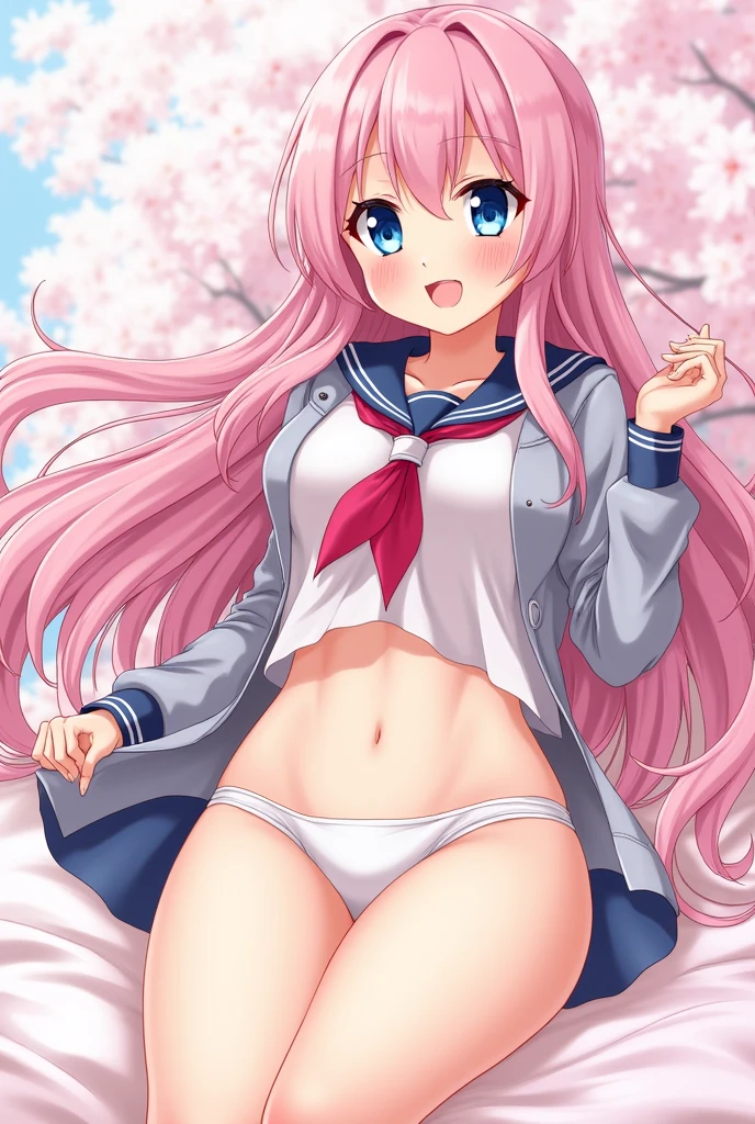 "Beautiful young anime, Long flowing pastel pink hair, big expressive blue eyes, Bright smile, Wearing a cute uniform, Cherry blossom background, Detailed illustrations, Vibrant colors
shy,((Pink nipples:1.2),(open clothes:1.5)),One girl,(a white panty:1.5), shy,(LIFT clothes:1.5), spread legs,((press breasts:1.2)),(lie on bed:1.5)