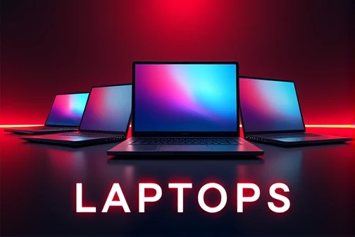 i want an image consist of laptops need to add this image as poster on website homepage this is main image , write text on it Laptops at bottom add black red shade