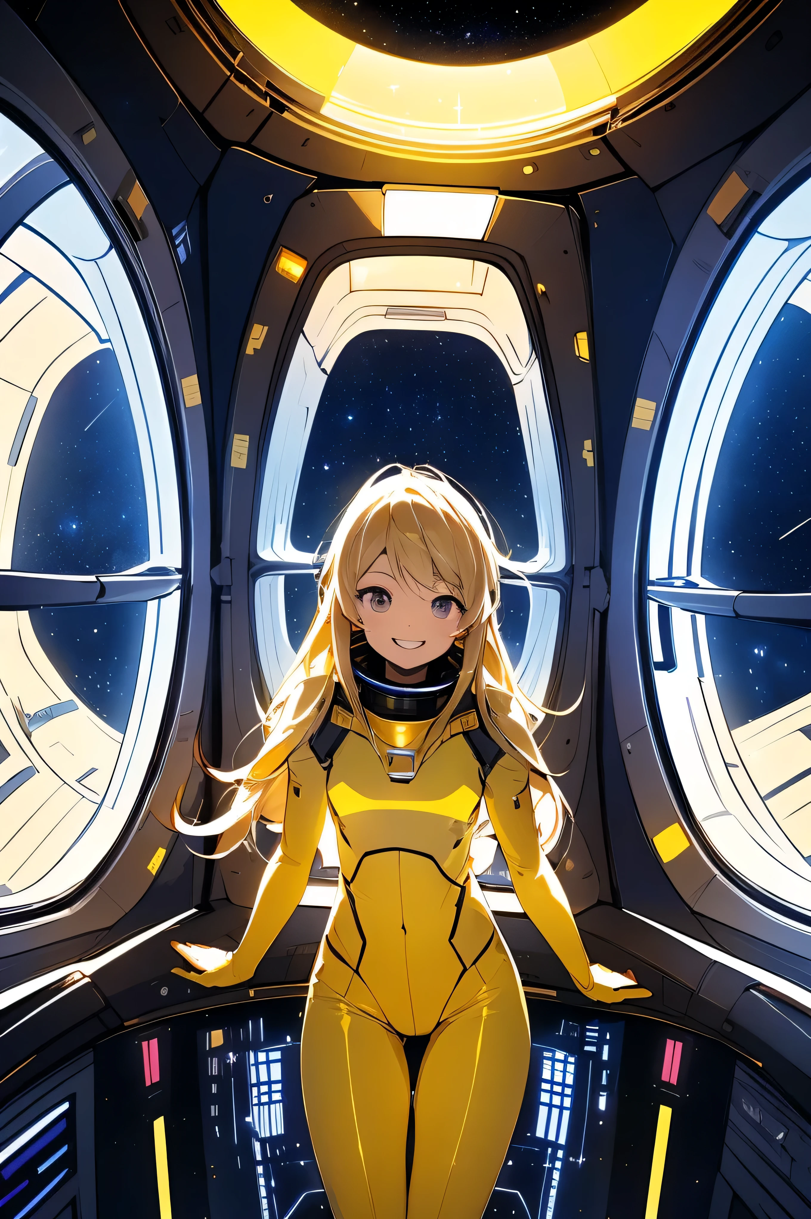(masterpiece, Highest quality:1.2), (Cowboy Shot:1.1), alone, 1 person, mori yuki, smile, Mouth closed, Side view, Looking at the audience, Blonde, Long Hair, Thigh Gap, Yellow bodysuit, Perfect for your skin, Perfect body, Large windows, (Spaceship porthole:1.3), (Spread your legs:1.3), (Are standing:1.1), Thigh Gap, stop temporarily, Side view, Perfect hands, The bright interior of a spaceship, (Space View:1.1), (Orbital View:1.3), (night, Starry Sky:1.5), milky way