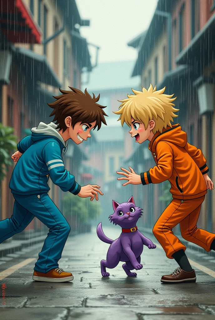 Create a scene of a fight between a baker against two teenagers, one with brown hair and blue clothes, and the other with orange clothes and blonde hair., em um beco,with a purple dog barking,on a rainy afternoon ,Japanese drawing style