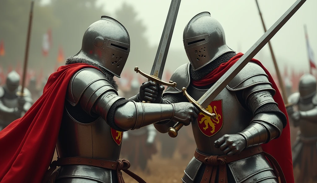 A highly realistic, high-contrast, 8K HD, detailed, hyper-detailed image of two medieval knights fighting side by side on the battlefield. The knights, clad in steel armor with lion emblems on their tunics and helmets fully covering their faces, work together in fierce combat against their enemies. Each knight swings his sword with precision and strength, supporting his comrade in the heat of battle. The atmosphere is intense, capturing the unity and bond between the two as they fight with determination. The image is of the highest quality, with ultra-high resolution, RAW photo quality, and Unreal Engine rendering, showcasing the strength and camaraderie of the two knights as they stand together, with the lion emblem proudly displayed on their armor.
