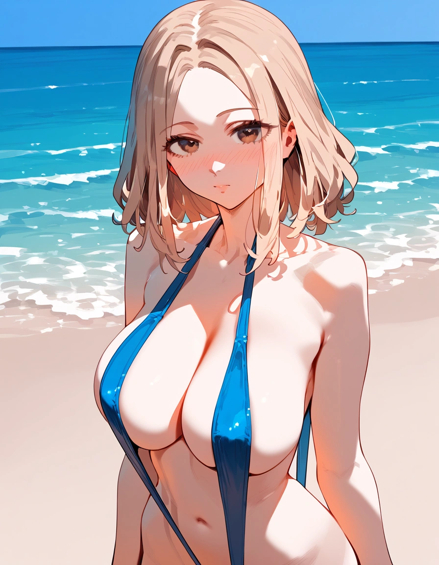 anime artwork, score_9, score_8_up, score_7_up, score_6_up, score_5_up, score_4_up, r, Camie Utsushimi, light brown hair, dark brown eyes,, breasts, , big naked breasts, , , , she is 24 years old, , ,horny, , , , style_3, ,, , blush, nose blush, solo, slingshot_swimsuit, beach