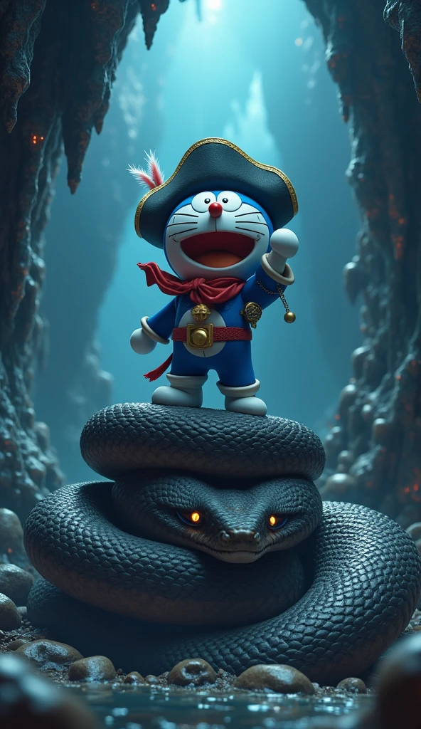 An image of Captain Doraemon wearing a pirate costume . Doraemon defeats the giant snake in the cave, standing on the giant snake..sharp 4k 3d images 