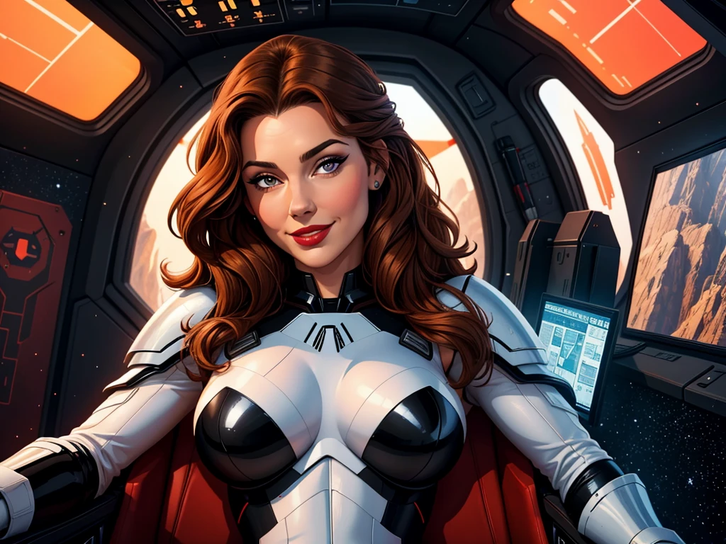 High-quality acrylic painting, VIVID COLORS, lateral point a view, a beautiful woman with brown curly hair, looking at the viewer with suspicious face and a shy smile, red lips, she wears white and black ultra-sheer armor, in a command chair in the cockpit of a spaceship