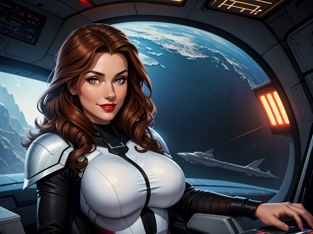 High-quality acrylic painting, VIVID COLORS, lateral point a view, a beautiful woman with brown curly hair, looking at the viewer with suspicious face and a shy smile, red lips, she wears white and black ultra-sheer armor, hands in the waist, in a command chair in the pit of a spaceship