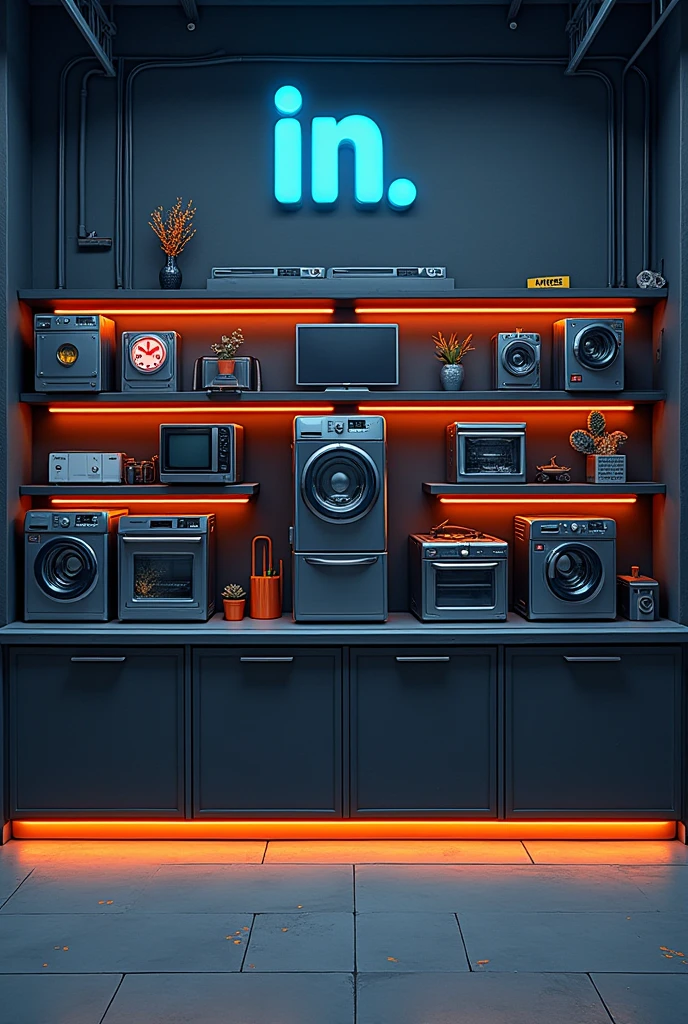 appliances, regale, display case, orange lines, black and gray background, industrial, banner horizontal, cartoonized, paint flecks, blue symbol in "in" image elements