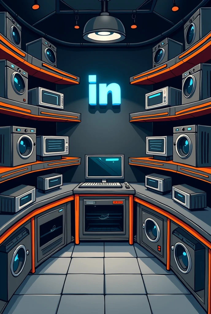 appliances, regale, display case, orange lines, black and gray background, industrial, banner horizontal, cartoonized, paint flecks, blue symbol in "in" image elements