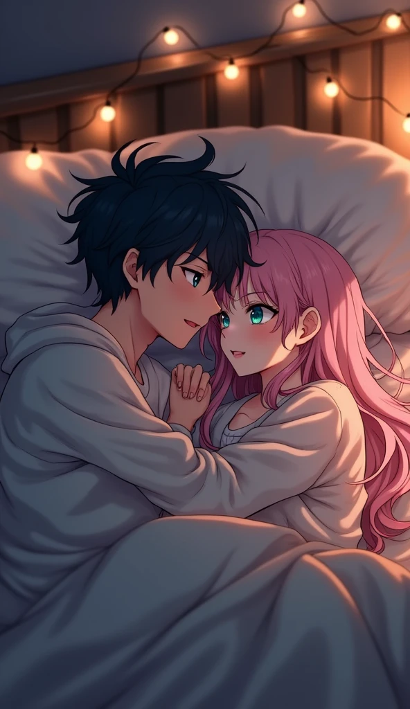 "Create a romantic image of a 21 year old anime boy and a girl lying under a blanket on a bed. The boy holds the girl closely, with a seductive smile, while the girl gazes at him with a sexy expression, alluring expression. The background should be softly lit with a sultry, night-time ambiance. Capture the intimacy and passion of the moment, reflecting the line 'You must be tired, because you've been running through my dirty thoughts all night.'"