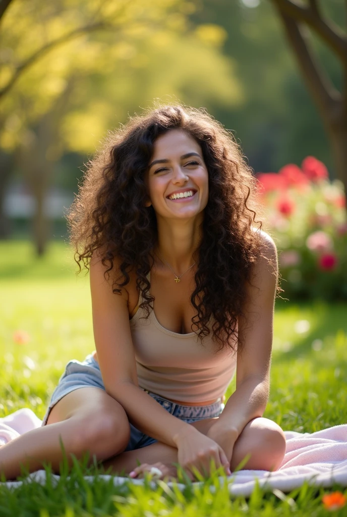 A brunette girl with curly hair and big breasts sits with her legs stretched out, taking a realistic photo