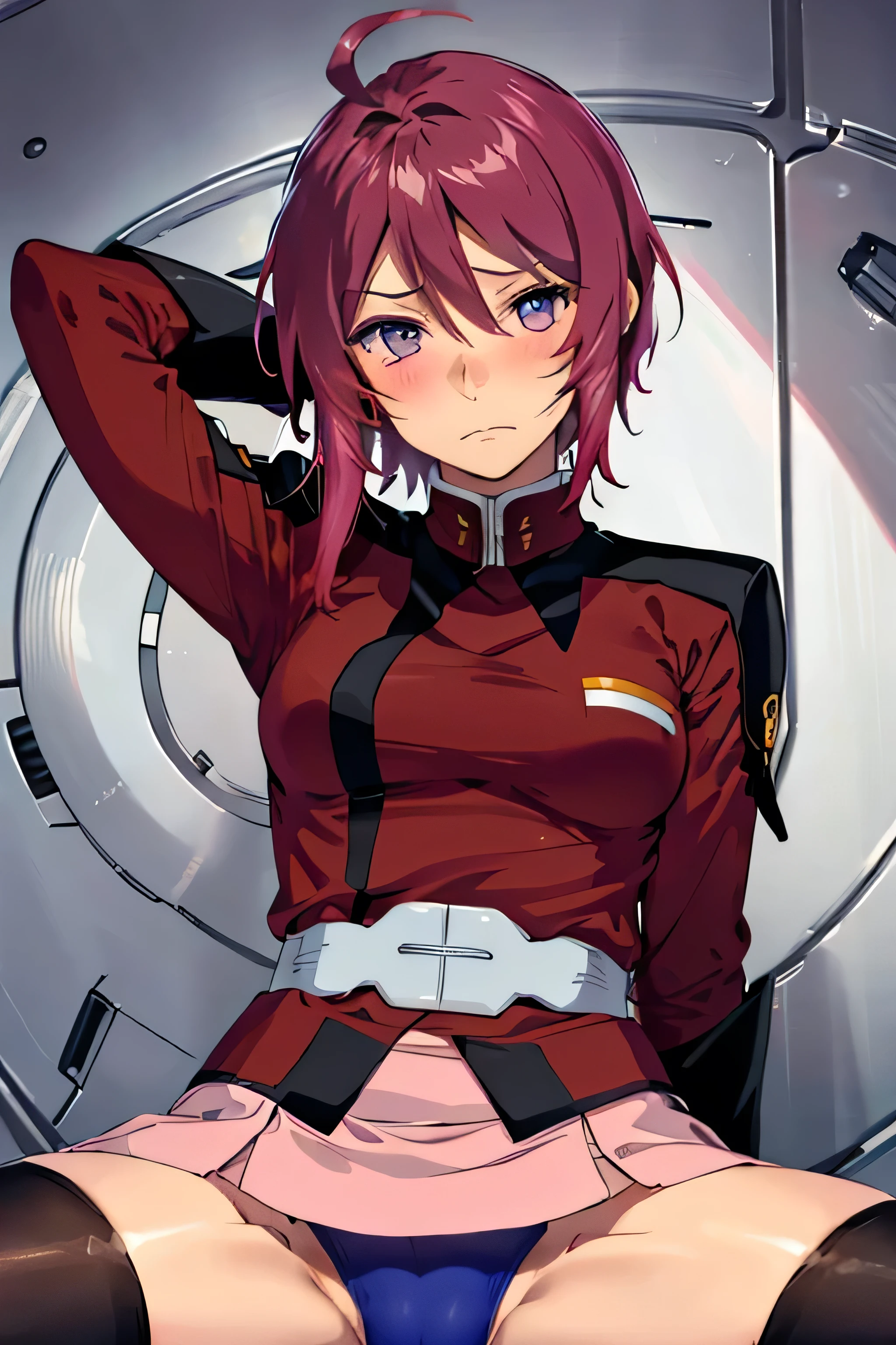 masterpiece, Highest quality, High resolution, 1 person, alone, Pink Skirt, uniform, short hair, Ahoge, Black Stockings, Redhead, Purple eyes, Purple Hair, Long sleeve,Blue Panties,Frowning, ((Upper Body:1.5)),From below,blush,Sitting,(Spread your legs:1.3),(Lift your legs),(Camel Toe:1.3),