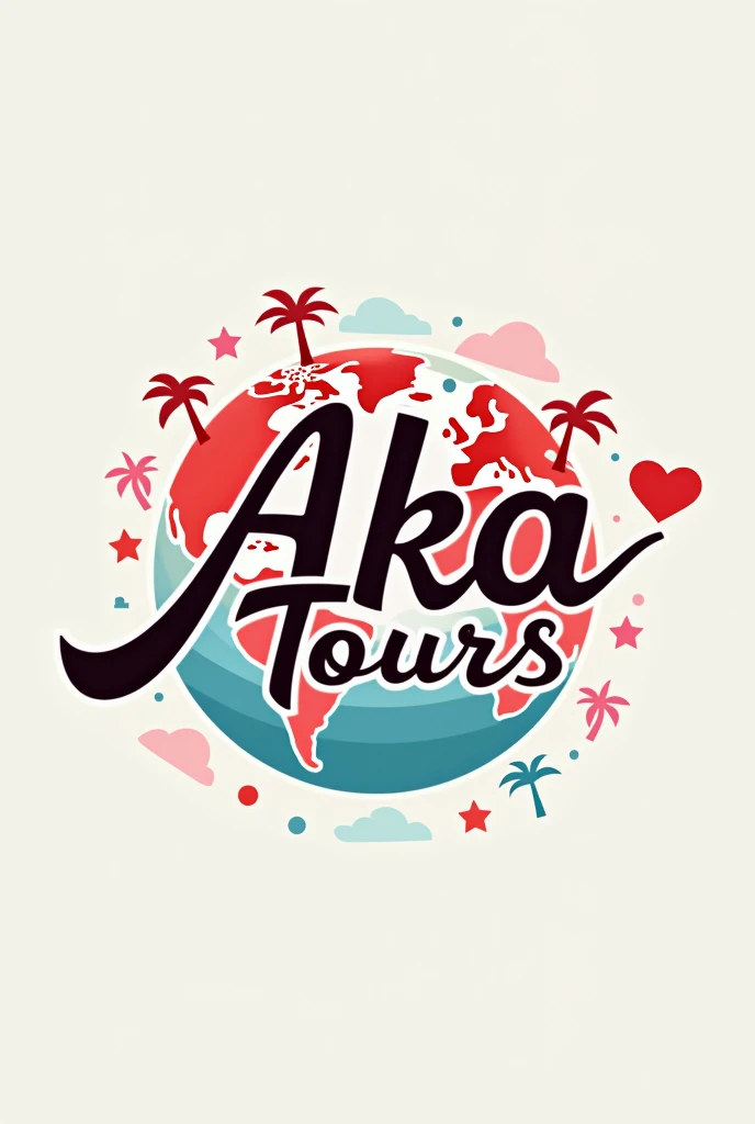 Create a logo for a travel agency that says Aka Tours with red colors. , pink and blue for honeymoon 
