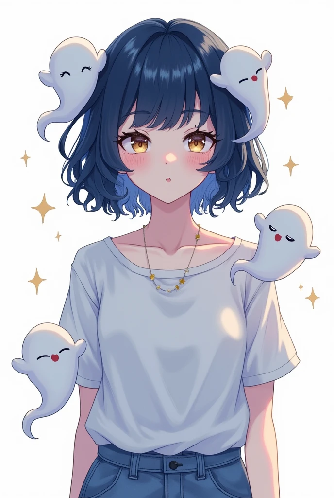 Bluish dark navy hair with medium-long loose perm、Hooded eyes with a single eyelid, a small eye with a slightly yellowish color、A youthful face with a short midface and many small ghosts clinging to the body.、The background is white, anime style, about 25 years old、Standing picture on the front