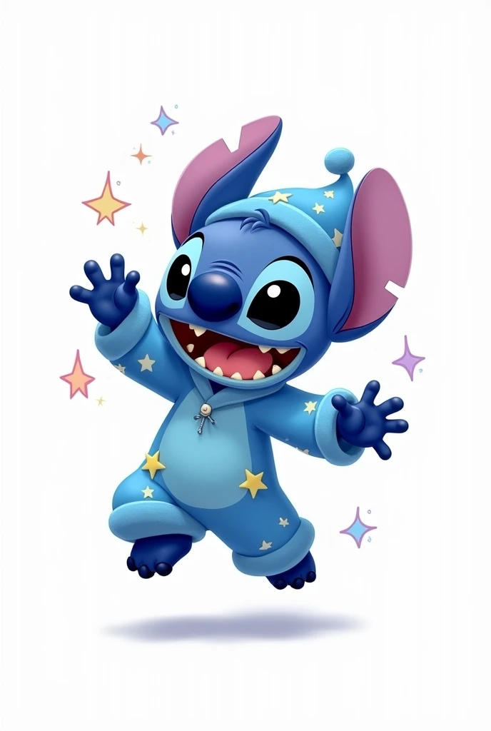 Stitch, wearing blue pajamas and a cap on his head, disney pixar style drawing, the image has a white background (png)
