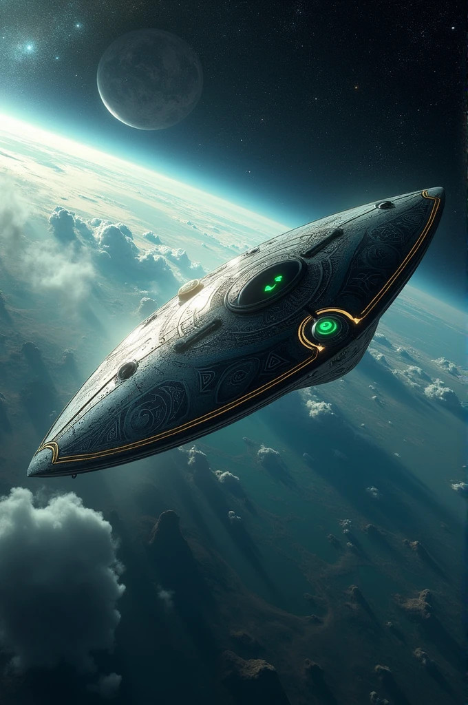 Vaisseau extraterrestre au dessus de la planète terre en forme ovale qris 