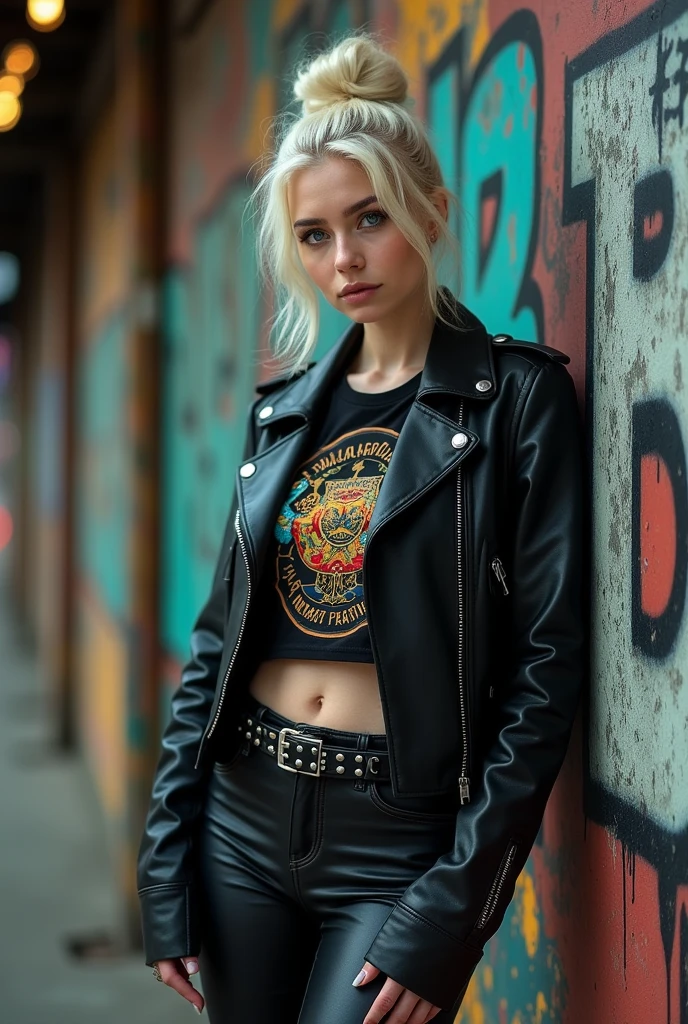 Old russian milf, platinum blonde hair in top bun ,with very light blue eyes, pale, heavy eye shadow s. Wearing black moto jacket, cropped rock t-shirt, black leather jeans and white tennis sneakers. Wide studded belt,Scared