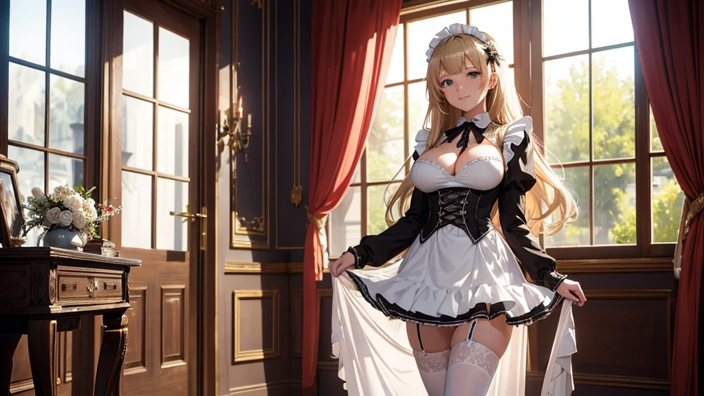 (masterpiece, high resolution,ultra - detailed:1.0),1 girl,Young and beautiful women,eye looking to camera,Perfect female body, big beautiful elongated breasts, breast cup h, Extremely long breasts, Extremely detailed CG,Unity 8k wallpaper，Complicated details, solo person, (skimpy Maid clothes), French Maid Open Uniform, short skimpy Maid dress, lace stockings, color difference, Depth of field,dramatic shadow, Ray tracing, Best quality, Cinematic lighting, Beautiful young maid, manipulative cunning, sly dominant maid, cruel, deceitful, fake smiles,blonde, sagging breasts