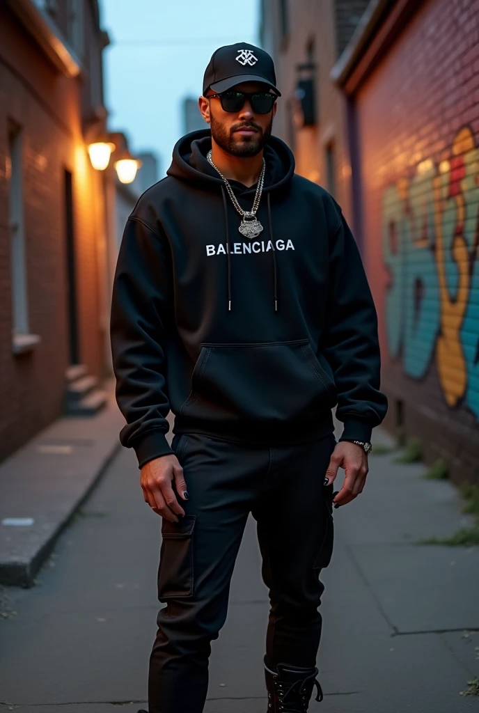 (photorealism:1.2) a 35 years old guy, fitness, wearing streetwear, balenciaga, all black, hoodie, black cap, black sunglasses, black nails, boots, chains