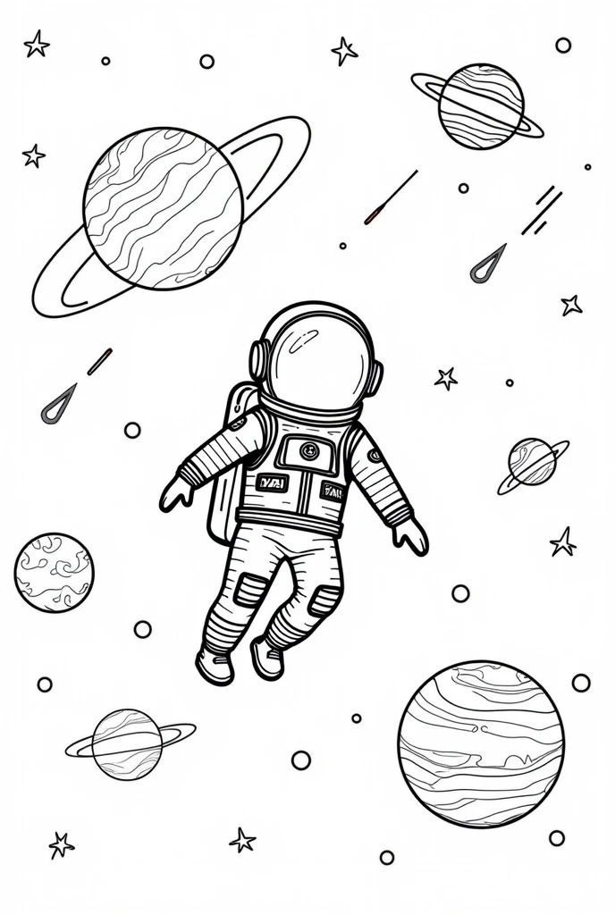 Astronaut and solar system coloring page black and white 