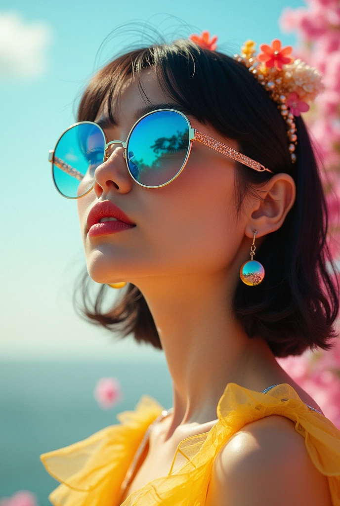 model wearing vitreous sunglasses, in the style of dark sky-blue and light yellow, minimalist pen lines, fairy kei, use of precious materials, vibrant and lively hues, captivating, glitter