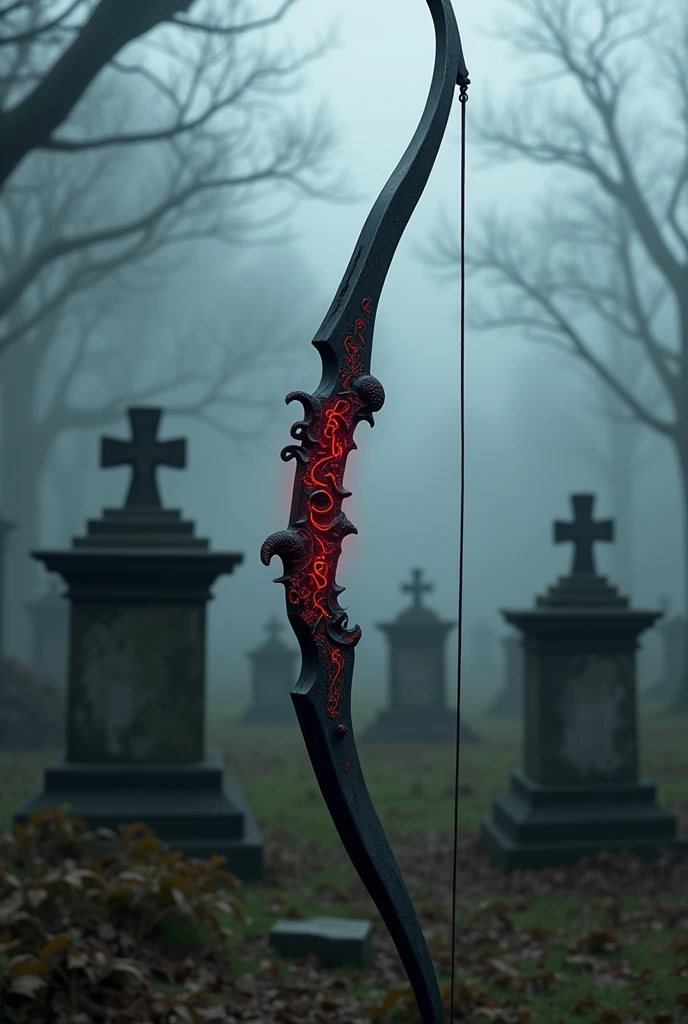 Draw a longbow, known as Blood Bow, made of black wood, magical, unholy, in the background a cemetery full of blurred fog. 8k, epic