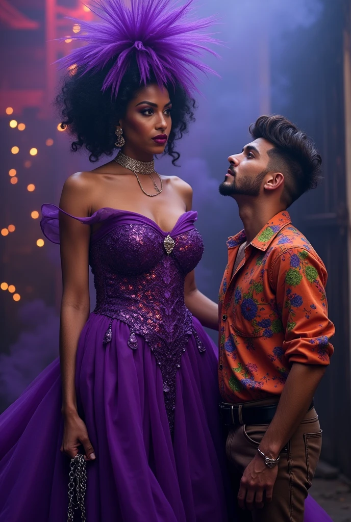Create an image of a pomba gira wearing a purple dress next to a young man with a beard and feminine features.. The face of the Pomba Gira radiates power and intimidation, while holding your cigarillo, Let loose your laughter, and with the other hand he holds a shiny steel chain where evil souls are imprisoned. The young man's face is androgynous and he is homosexual