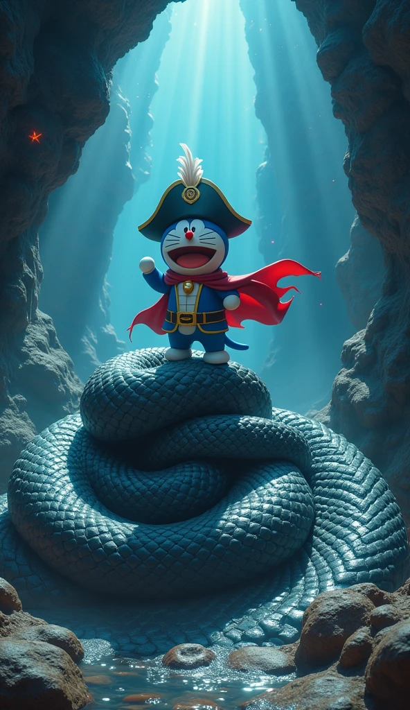 An image of Captain Doraemon wearing a pirate costume . Doraemon defeats the giant snake in the cave, standing on the giant snake..sharp 4k 3d images