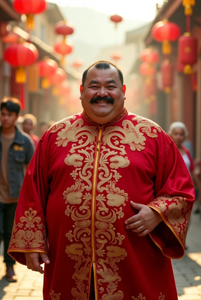 Chinese fat man with Chinese mustache and cape