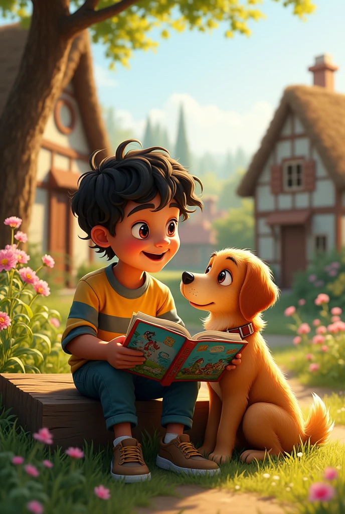 **Image 4**: Hasan and Suno are now best friends. They are playing together in the village, with Hasan reading a book and Suno sitting beside him, listening intently.