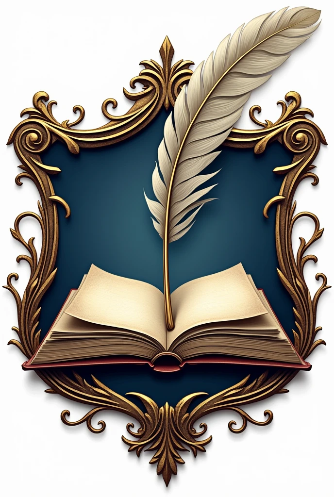 Please design a logo inspired by English literature. The logo should feature elements such as a classic book, a quill or pen, and perhaps an emblematic symbol like a shield or crest. Incorporate subtle details that evoke the essence of literary tradition and historical significance. The design should blend these elements harmoniously, reflecting the richness and depth of English literary heritage."