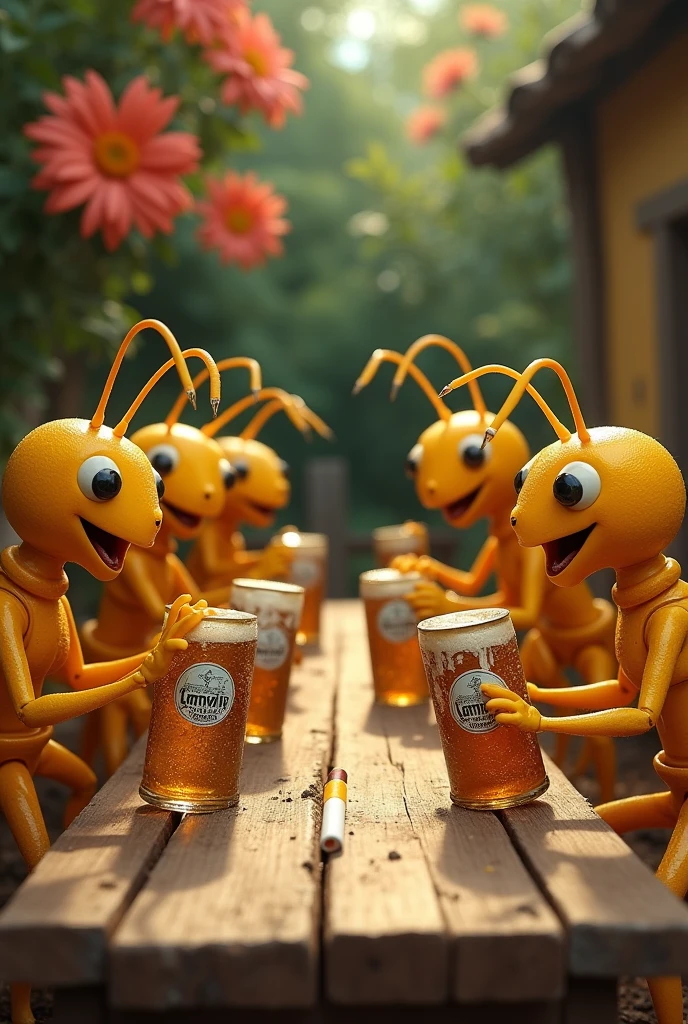 Ants&#39; Last Supper, do like the original Last Supper, with beer and cigarettes, yellow ants talking and laughing, This in 2D