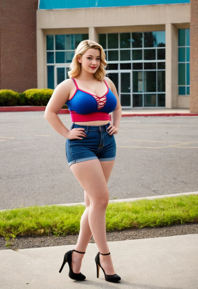 Full body shot of blonde Betty Cooper from Archie Comics. Tall curvy body with large breasts. Wearing skimpy tops and short shorts with high heel shoes. Standing outside of Riverdale High School