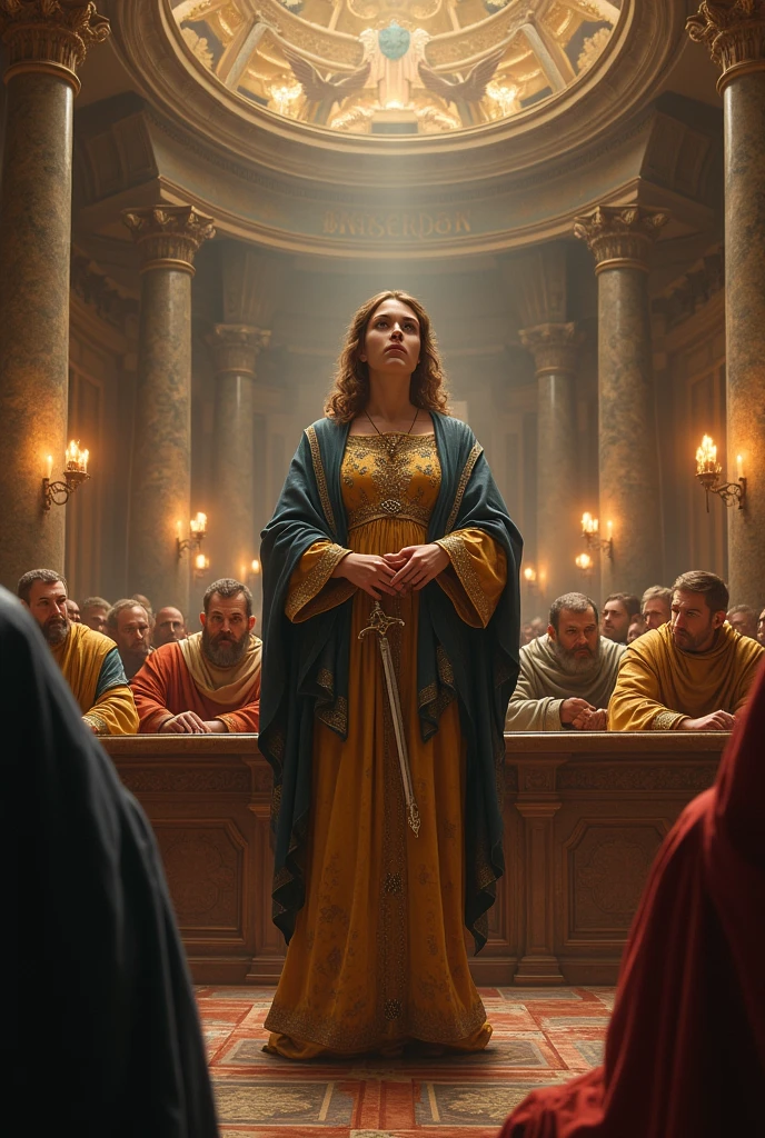 Saint Catherine of Alexandria being judged in the Roman tribunal while holding a book and a sword 