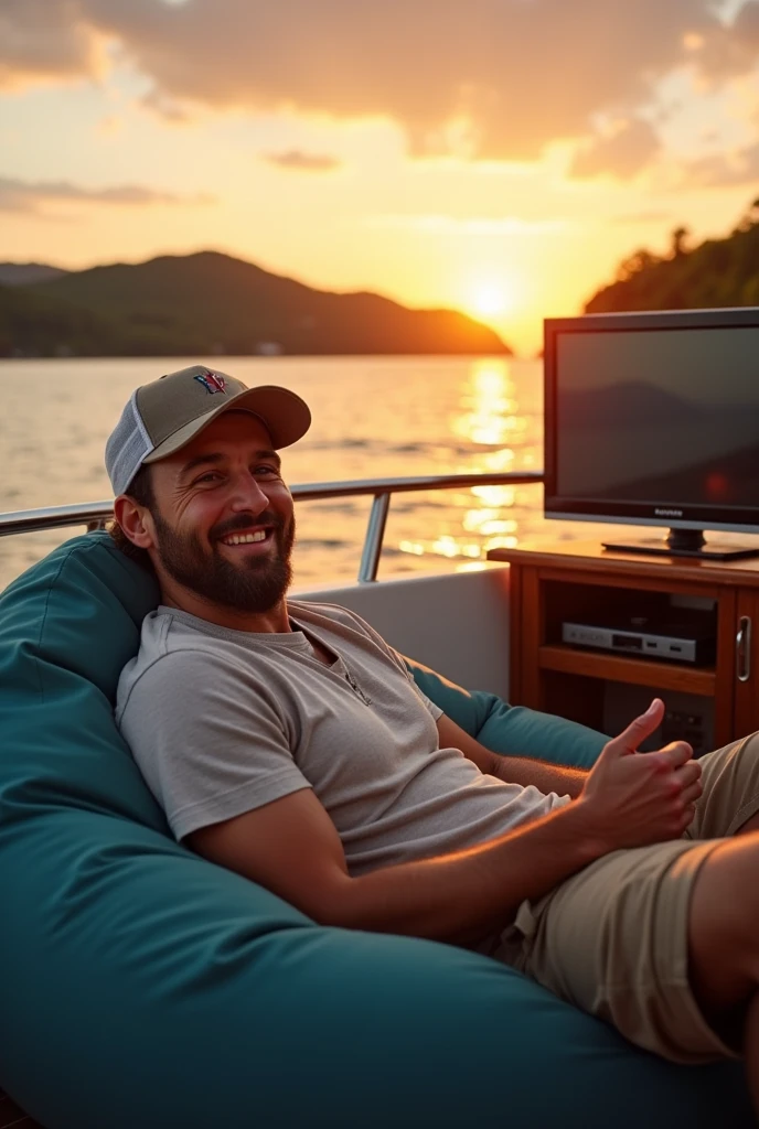 A grinning man wearing a cap, watching television on a boat.