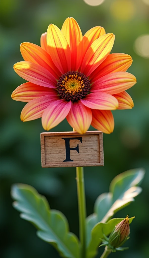 a beautiful flower holding a board, letter "F" written on the board, detailed petals, intricate textures, vibrant colors, natural lighting, photorealistic, highly detailed, 8k, masterpiece