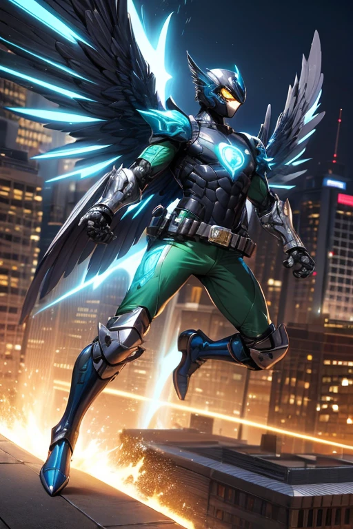 ((best quality)), ((masterpiece)), (detailed), 1 male, full body, 25 years old, blue head, uncovered mouth, blue biker helmet, black beak, black collar, tall, thin, black details, metallic wings, wings on his suit, blue fingerless gloves, blue wrist guards, luminous blue wings that shoot lasers, blue suit resembling light armor, blue suit with an emblem, completely green chest, emblem on his chest, green pants, deployable bird tail, grey knee pads, metallic grey boots, metallic bird claws, black superhero belt, flying through the city, high noon city background, anime