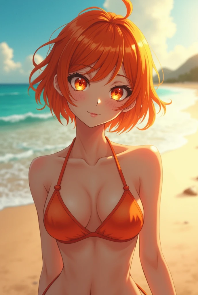 ((top quality, 8k, masterpiece: 1.3, ultra HD, high quality, The best quality, a high definition, realism)), sharp focus: 1.5, Modelo Nobara Kugisaki, orange eyes, Mole under the outer edge of the eye, Short orange hair, old, sexy and seductive pose, Thighs wide open, playa, Micro bikini