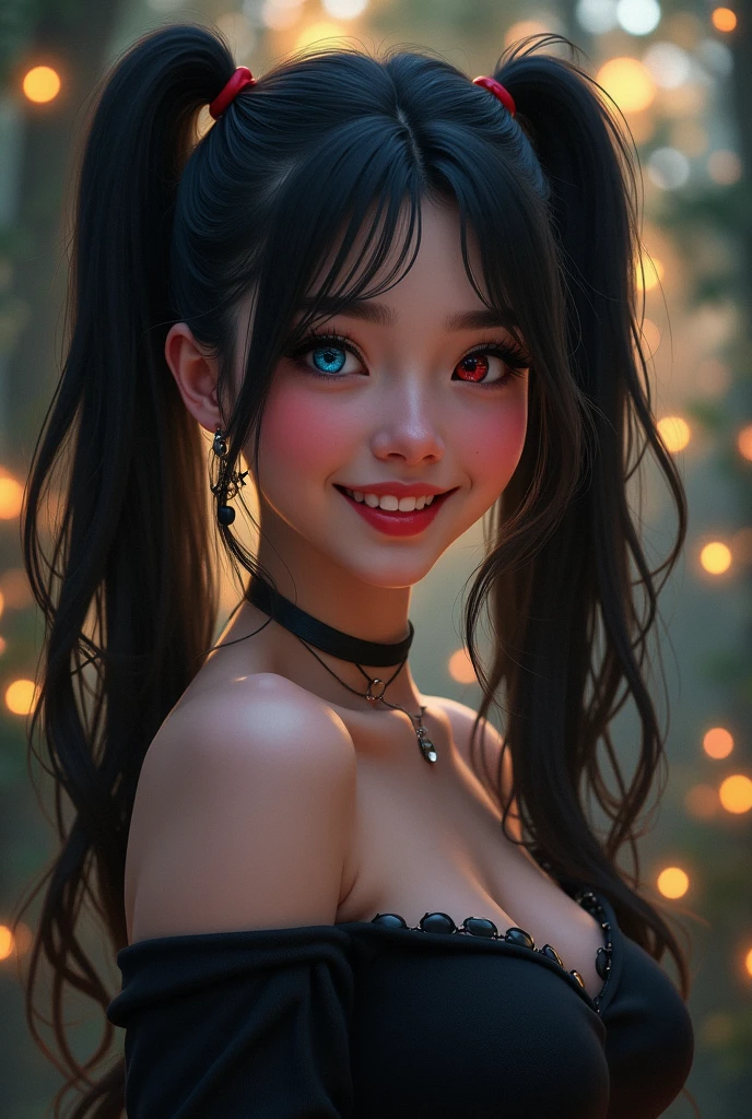 masterpiece, best quality, highly detailed, 1girl, solo, twintails, off-shoulder sweater, choker, jacket, hairband, looking at viewer, smile, blush, Wide Smile, Eyes Detailed & Wide, sexy Pose. Ultra HD, Rococo-Inspired Fantasy Art With Intricate Details. Cute, Charming Expression, Alluring-Gaze, looking at viewer Beautiful Eyes, An-Ideal-Figure. Large Youthful Well-Shaped-Breasts, Massive-Round-Bosom, Décolletage. slim waist, fit body, full lipsWarm lights , woman in a dreamy forest at night, with fluffy hair, delicate face, realistic, real, slim, large aperture, sexy shots, attractive pose, Russian, Indonesian. symmetrical face, photorealistic, photography, path tracing, specular lighting, volumetric face light, path traced hairmaximum quality{(masutepiece) (8K High Resolution) (top-quality), heterochromia, blue eyes, red eyes, black hair.