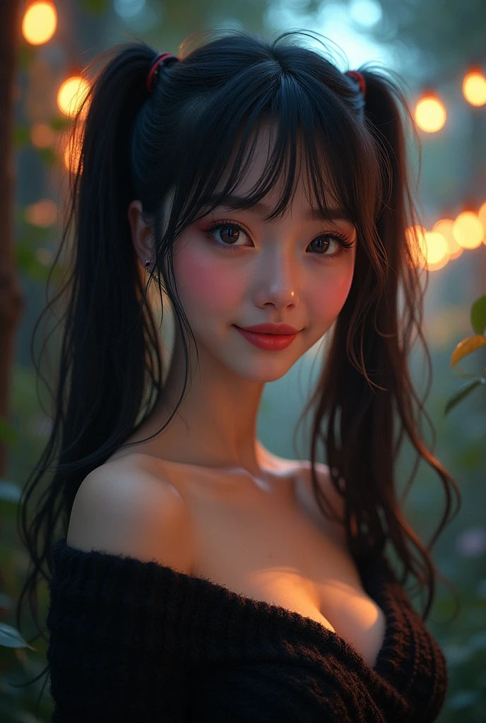 masterpiece, best quality, highly detailed, 1girl, solo, twintails, off-shoulder sweater, choker, jacket, hairband, looking at viewer, smile, blush, Wide Smile, Eyes Detailed & Wide, sexy Pose. Ultra HD, Rococo-Inspired Fantasy Art With Intricate Details. Cute, Charming Expression, Alluring-Gaze, looking at viewer Beautiful Eyes, An-Ideal-Figure. Large Youthful Well-Shaped-Breasts, Massive-Round-Bosom, Décolletage. slim waist, fit body, full lipsWarm lights , woman in a dreamy forest at night, with fluffy hair, delicate face, realistic, real, slim, large aperture, sexy shots, attractive pose, Russian, Indonesian. symmetrical face, photorealistic, photography, path tracing, specular lighting, volumetric face light, path traced hairmaximum quality{(masutepiece) (8K High Resolution) (top-quality), heterochromia, blue eyes, red eyes, black hair.