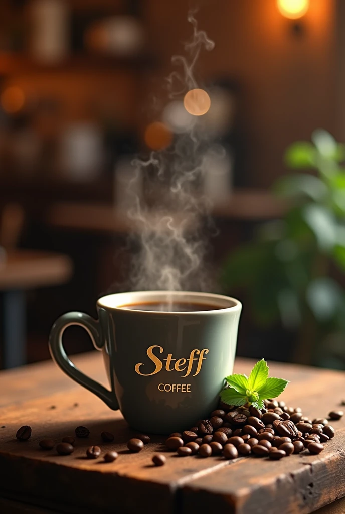 Take a picture of coffee with the Steff Coffee logo.