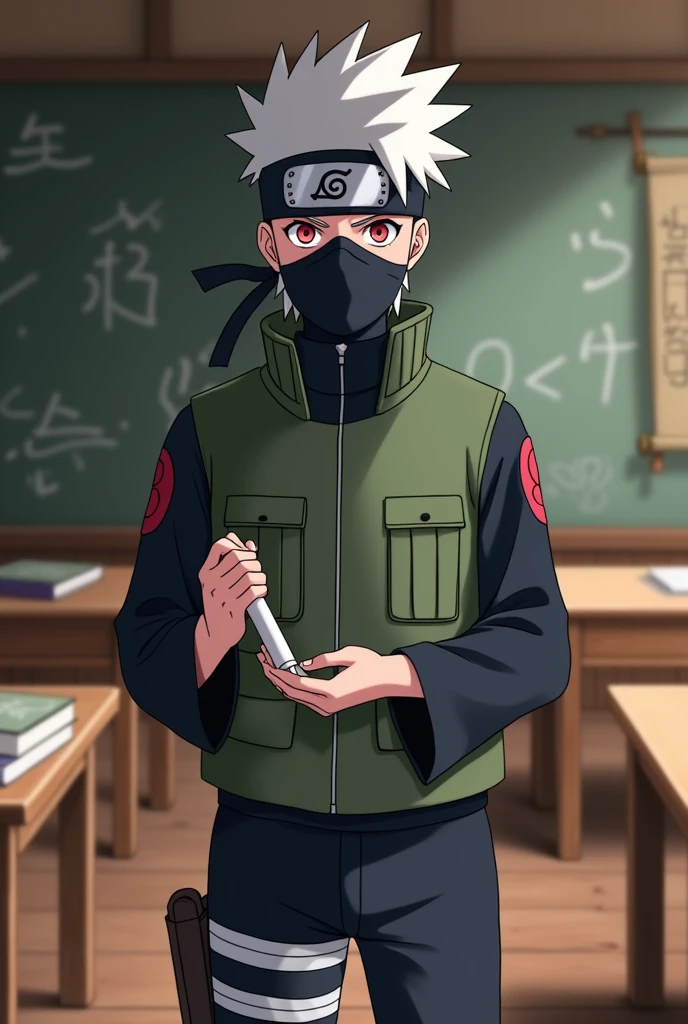 Only Kakashi face and holding a chalk