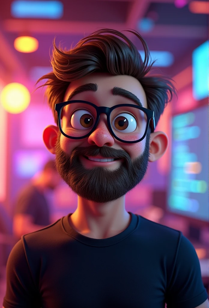 Cartoon character of a man with short brown hair and a big full beard, chubby, few freckles on the face, Brown eyes, with black glasses and a black shirt, software developer character animation, stylized character, animation style rendering, 3D stylized, Arnold Maya rendering, Render 3D stylized, Toon render keyshot, 3D character, 3D character, Stylized 3D rendering, 3d character rendering, cartoon character, Close-up character, Character pose, (pixar style) (master part:1.2) (bokeh) (Best Quality) (detailed skin) (detailed texture) (8k) (clay) (cinematic lighting) (sharp focus)