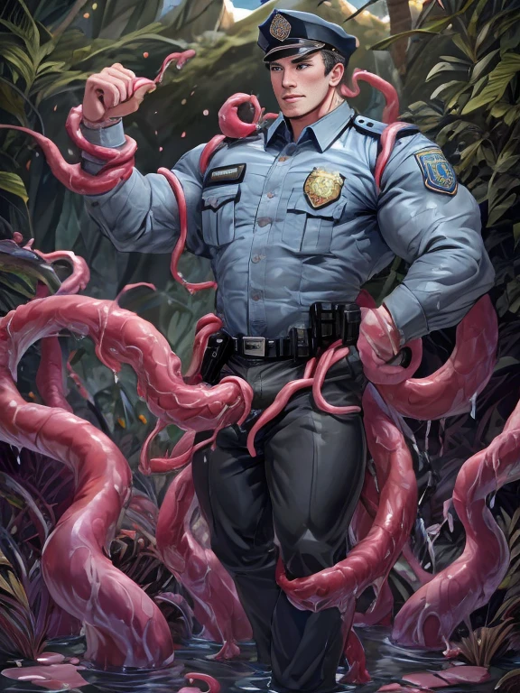 The muscular and strong police officer is dressed in a neat and straight uniform, wearing a regulation police cap with the police emblem on it, with regular epaulets, Tentacle entanglement, uniform, Binding hands togethe, Foreign object invasion, monster breeding, wet, slime, tentacles, slimy tentacles, monster and human breeding, Tentacles penetrate deep into clothes, Wearing pants completely, Complete wearing of trousers, Complete wearing of trousers, Do not expose the reproductive organs