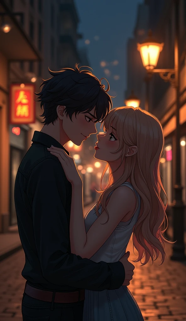 "Create a sexy, romantic anime-style image of a boy and a girl standing alone on a dimly lit street at night. The boy holds the girl close, with a seductive smile, while the girl looks at him with a confident, flirtatious expression. The street should have a soft, ambient glow from streetlights, enhancing the intimate and passionate mood. Capture the intensity of the moment, reflecting the line 'You must be tired, because you've been running through my dirty thoughts all night.'"