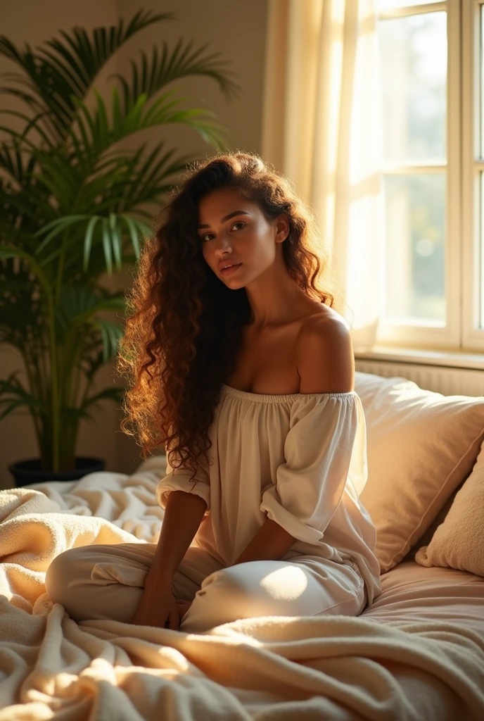 (photorealism:1.2), beautiful woman, sitting on bed, wearing loose off-shoulder top, pajama pants, long curly hair, indoors, soft lighting, plants in background, window with sunlight, cozy room, relaxed pose, realistic, intricate details, warm colors, by Greg Rutkowski, by Alphonse Mucha