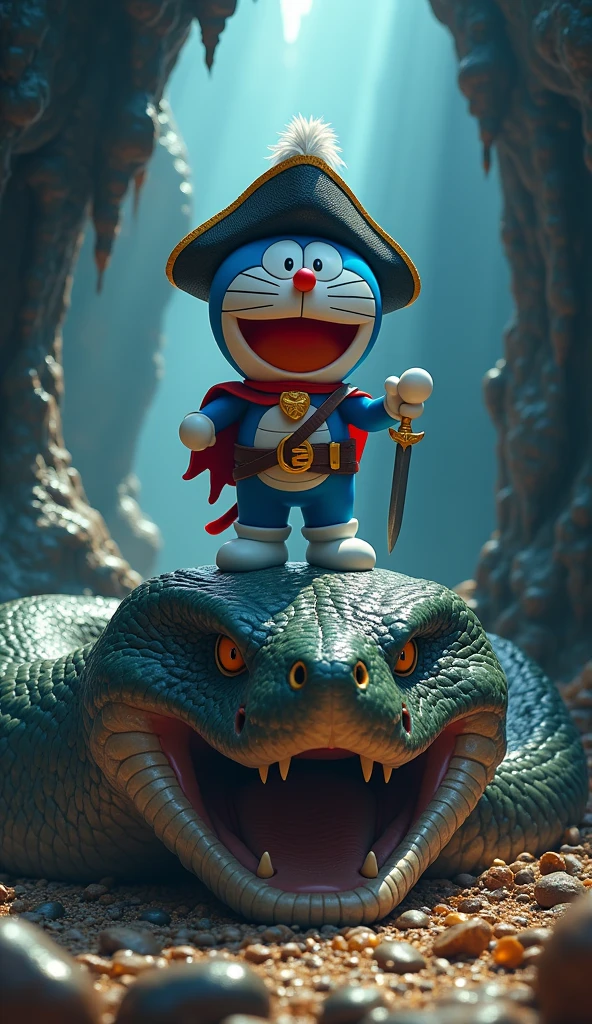 An image of Captain Doraemon wearing a pirate costume . Doraemon defeats the giant snake in the cave, standing on the giant snake..sharp 4k 3d images 