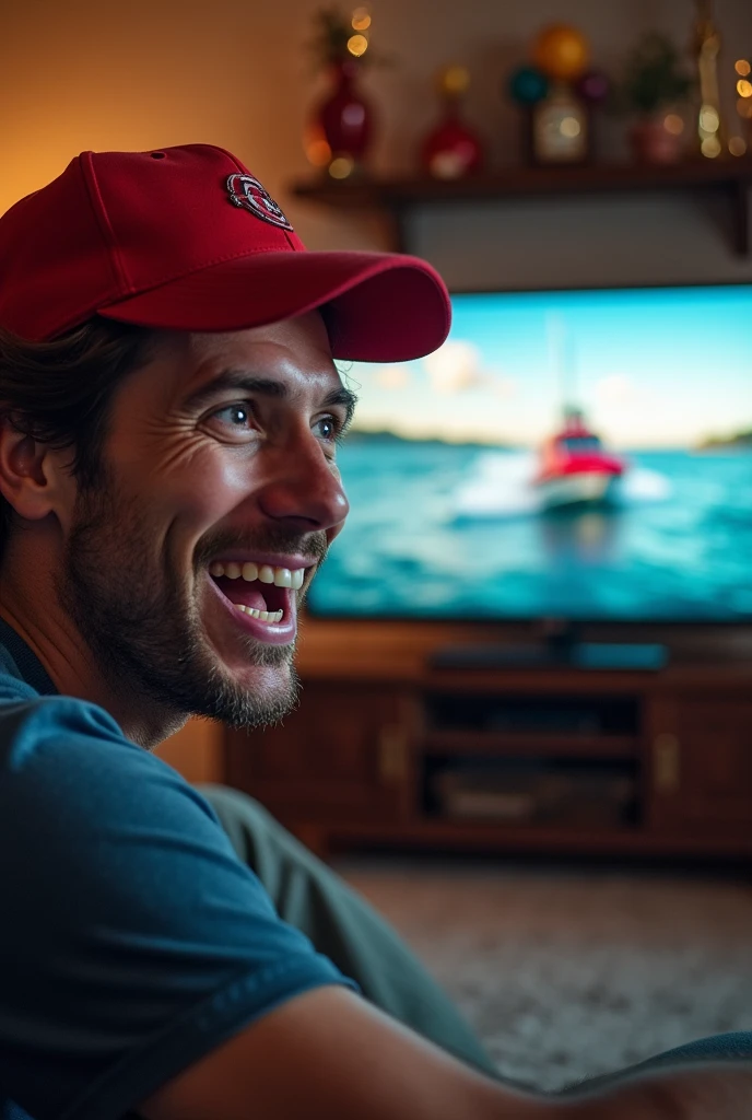 A grinning man wearing a cap watching boat racing on TV