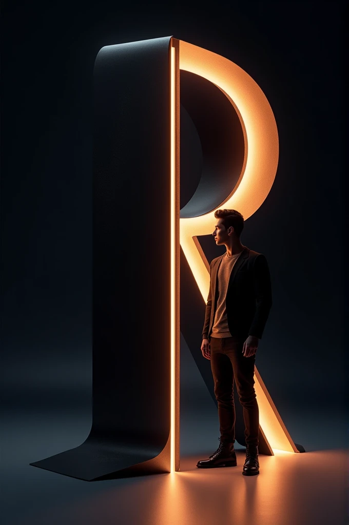 The background should be a dark gradient to keep the focus on the letter and the person. Ensure that the lighting gives a soft glow to the edges of the R.3D letter and casts subtle shadows