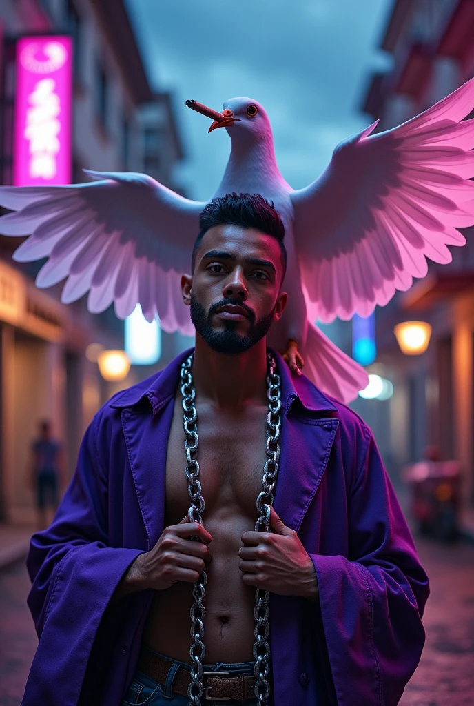create the image of a purple-dressed dove protecting a young, bearded, feminine man. The face of the Pomba Gira radiates power and intimidation, while holding your cigarillo, Let loose your laughter, and with the other hand he holds a shiny steel chain where evil souls are imprisoned. The young man's face is androgynous and he is homosexual